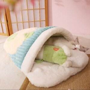 Cozy Sakura Cat & Small Dog Sleeping Bag with Soft Pillow